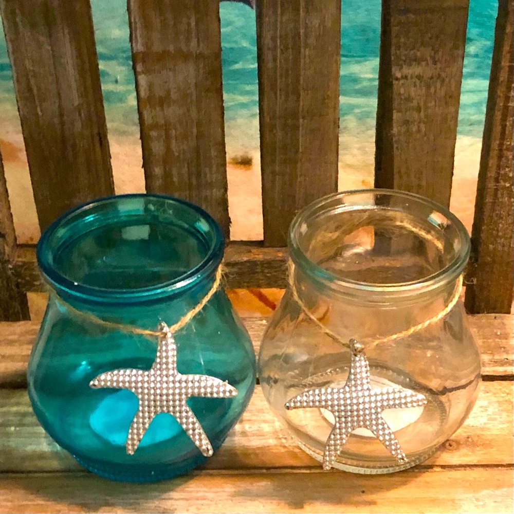 💙 2 GLASS STARFISH CANDLE HOLDERS 💙
